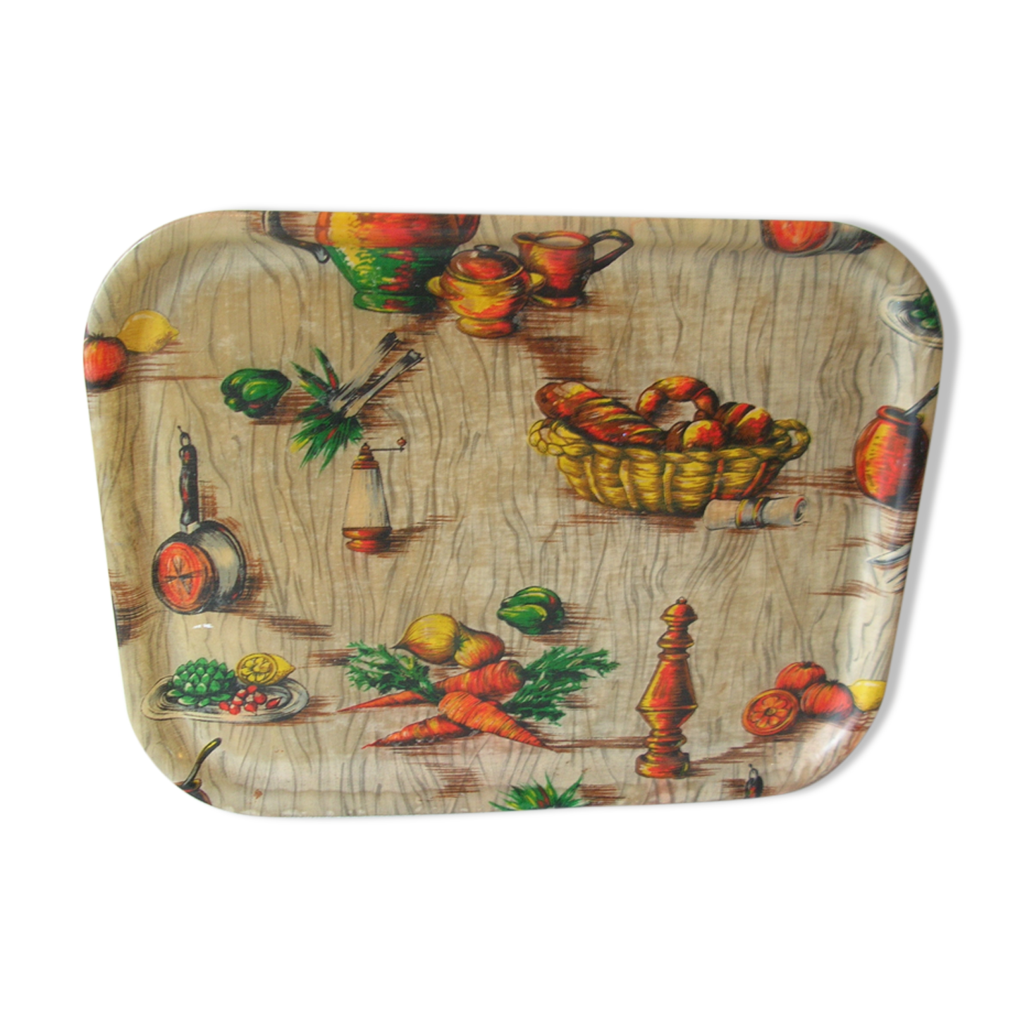 Old service tray 1950s/60s fiberglass decoration carrot bread kitchen