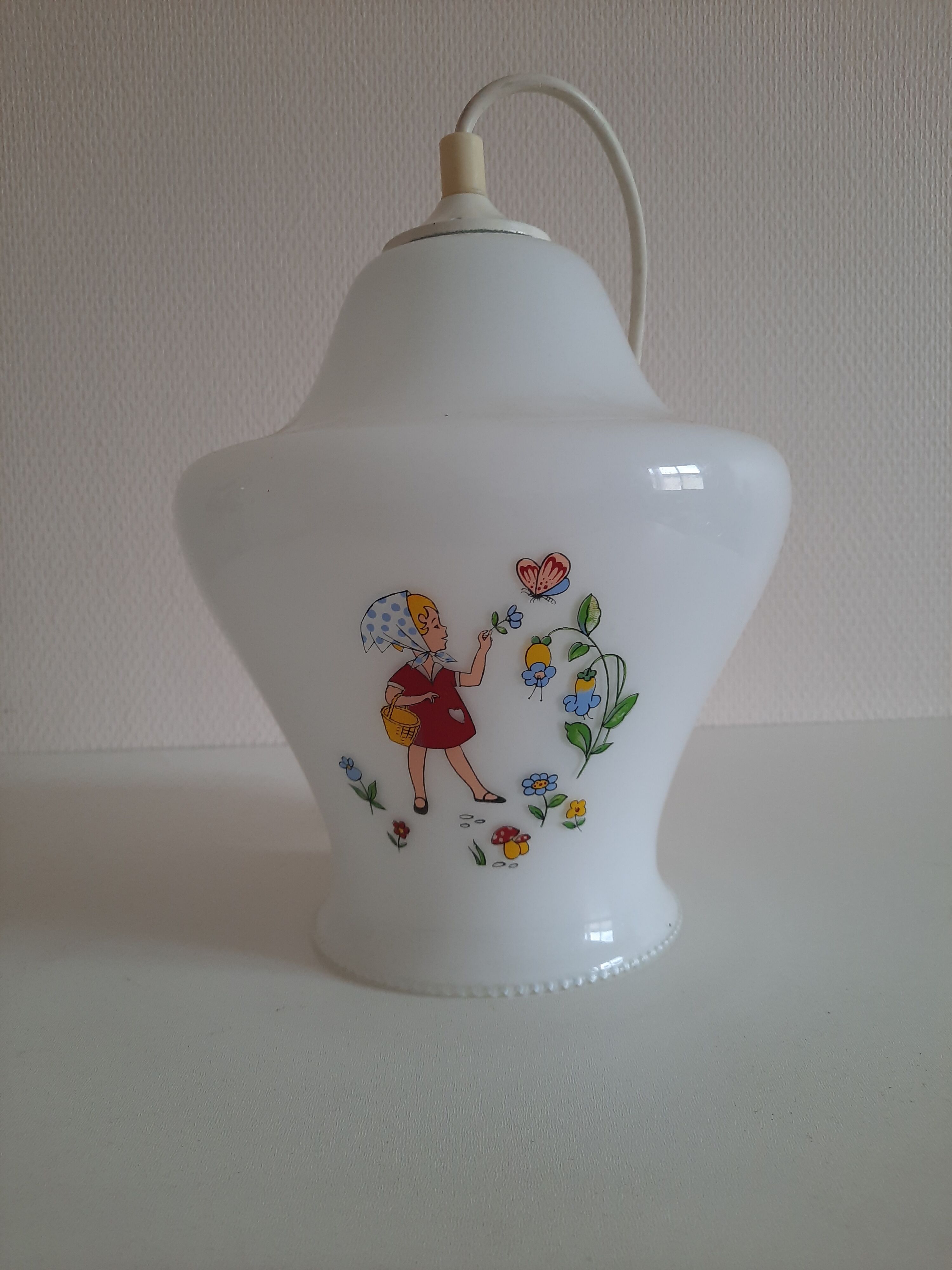 Opaline pendant lamp decorated with children's scenes 60s-70s