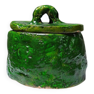Small green glazed ceramic box in a vintage brutalist style.