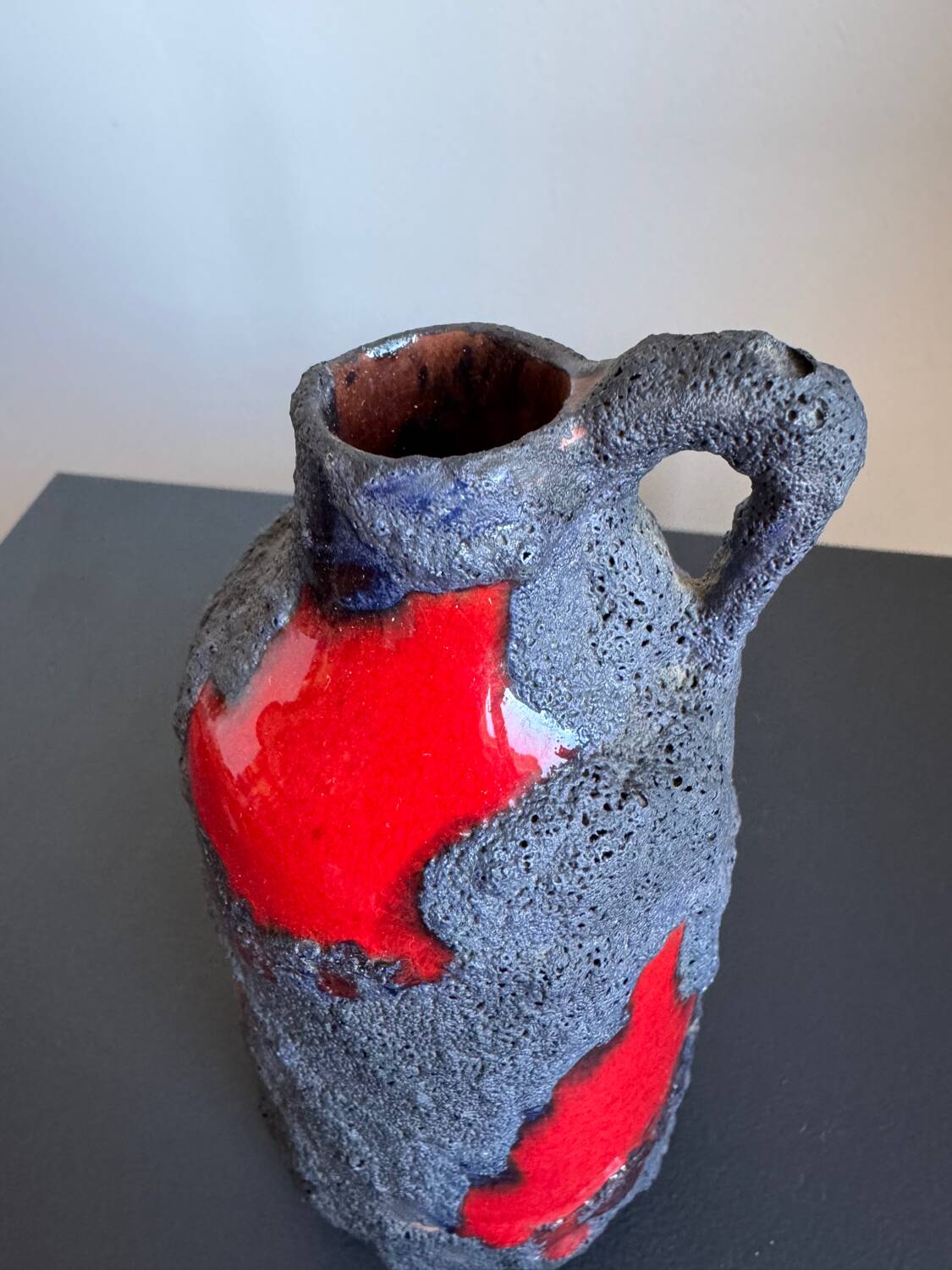 Vintage Mid Century Modern Fat Lava West German Black and Red Glazed V