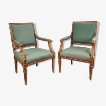 Pair of Louis XVI armchairs upholstered green velvet