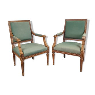 Paire de fauteuils Louis XVI capitonnées velours vert
