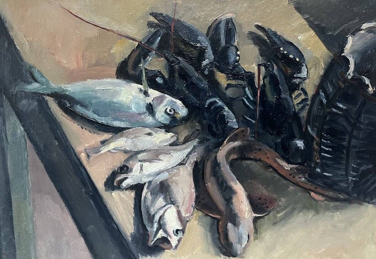 Still life with lobsters and fish, oil on canvas signed