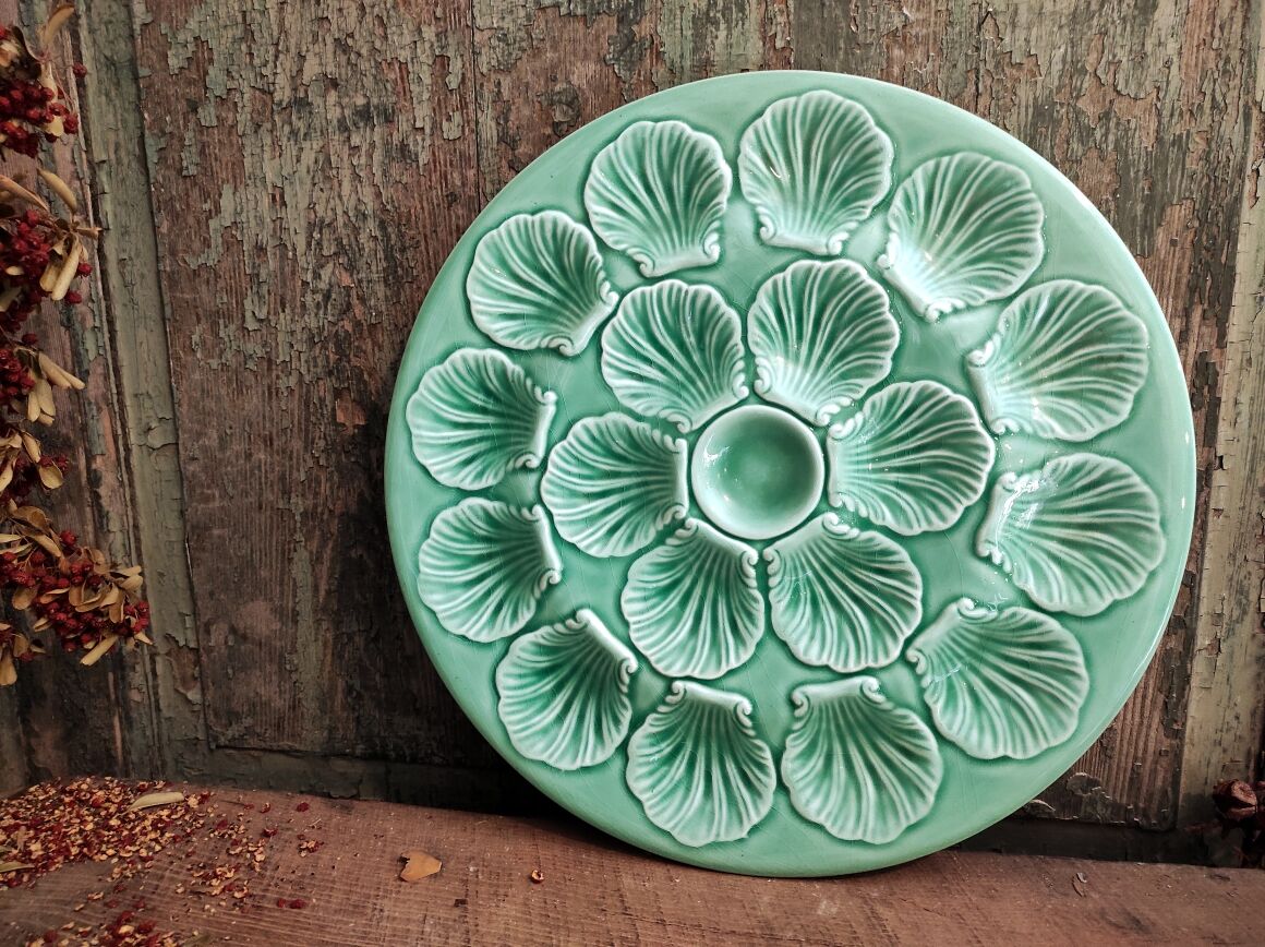 Vintage French Oyster Tray in turquoise Majolica