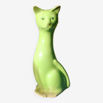 Glazed ceramic statuette of a cat green color vintage 50s/60s