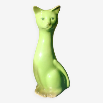 Statuette en céramique vernissée d'un chat couleur verte vintage années 50/60
