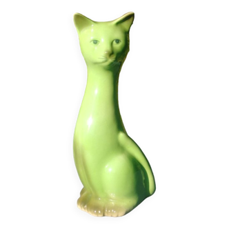 Statuette en céramique vernissée d'un chat couleur verte vintage années 50/60