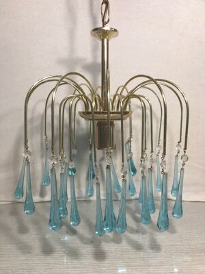 Lustre métal doré pampilles goutte d’eau verre bleu vintage