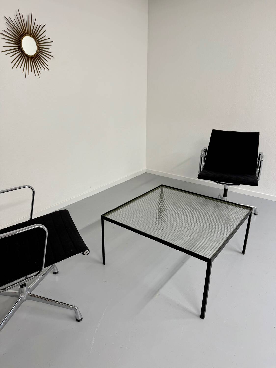 Old coffee table in metal and checkered glass from the 50s