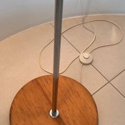 Three-light floor lamp in wood and chrome metal, Spain 1970s.