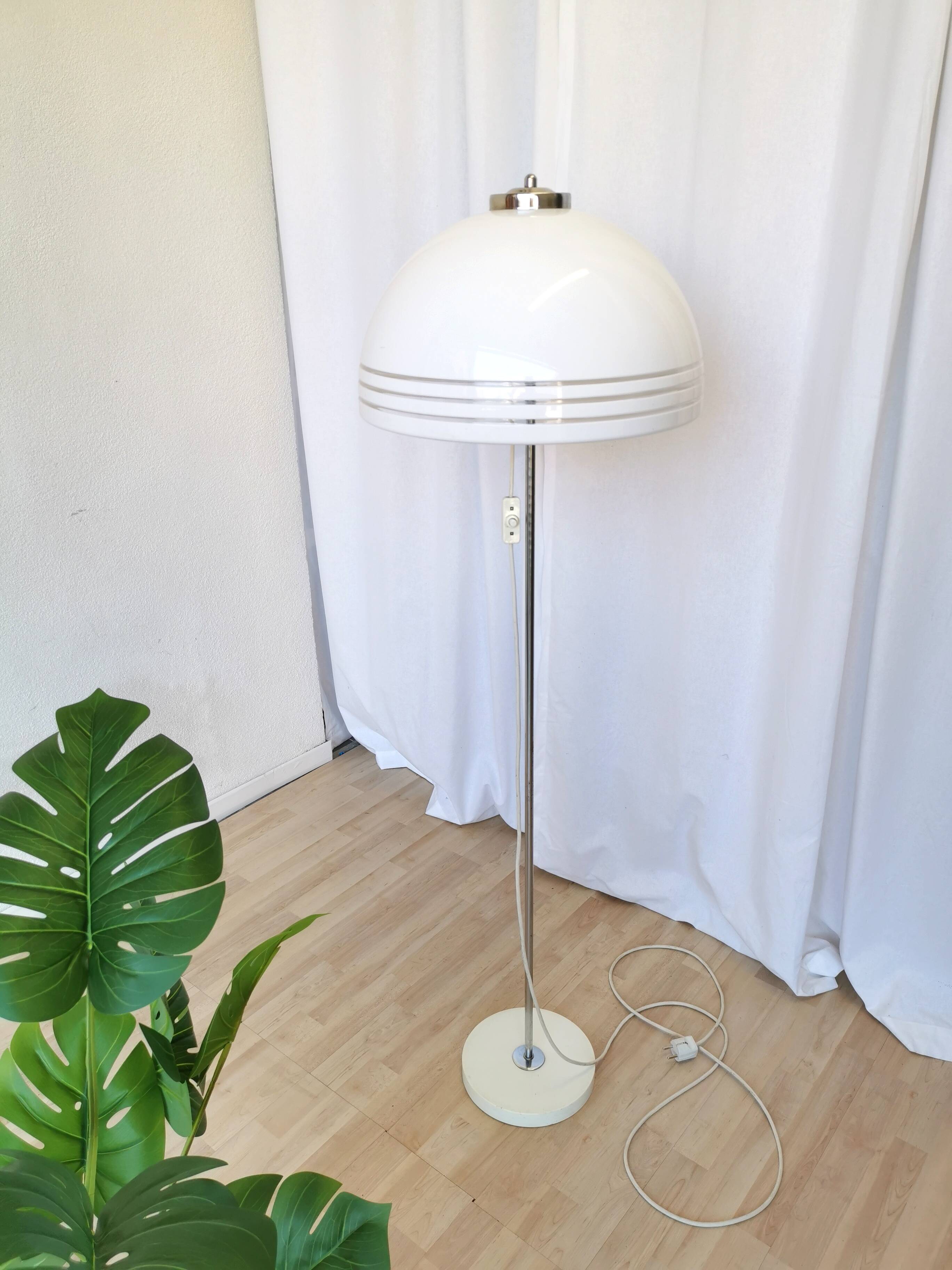 Vintage 1970s Mushroom Floor Lamp: Chrome & White Plastic, Retro Lighting