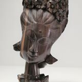 Wooden bust of woman with floral headdress sculptural work of the 60s-70s