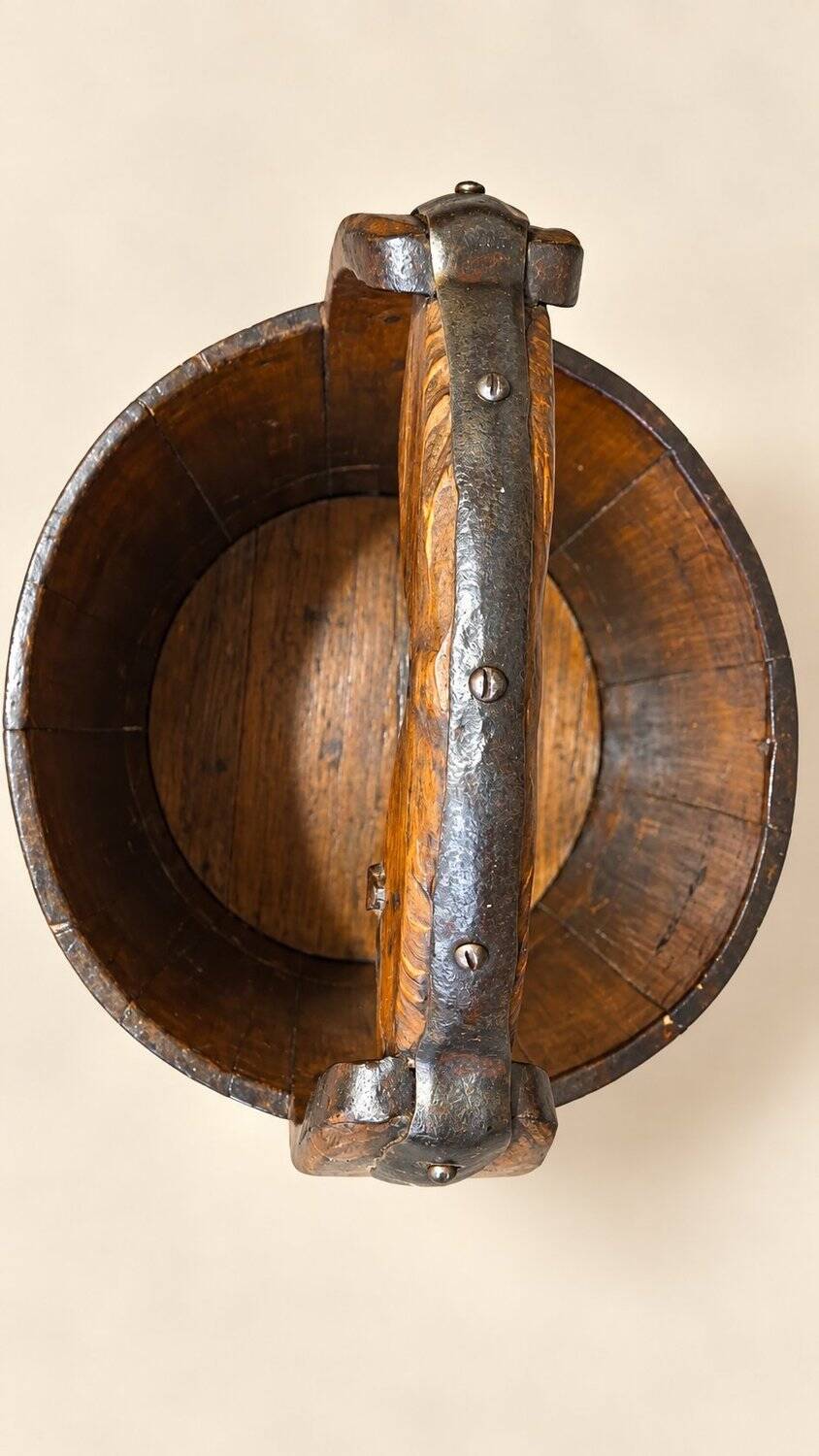 Old wooden well bucket with wrought iron bands – Late 19th century