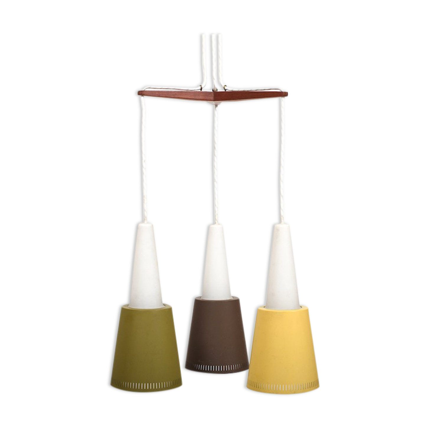 Mid Century Danish Hanging Lamp in Teak and Colored Shades