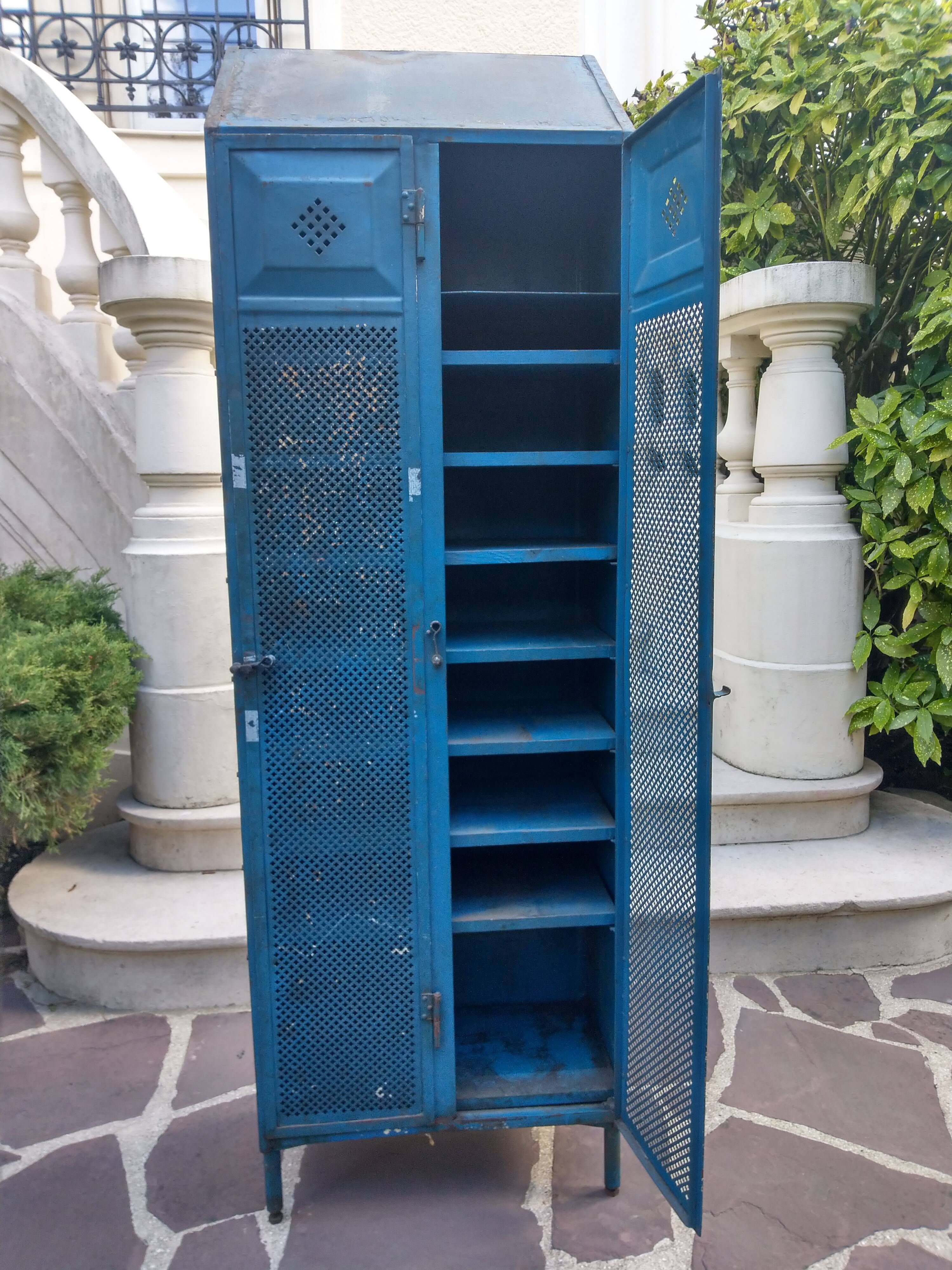Vintage blue industrial cabinet, original condition, 1930s