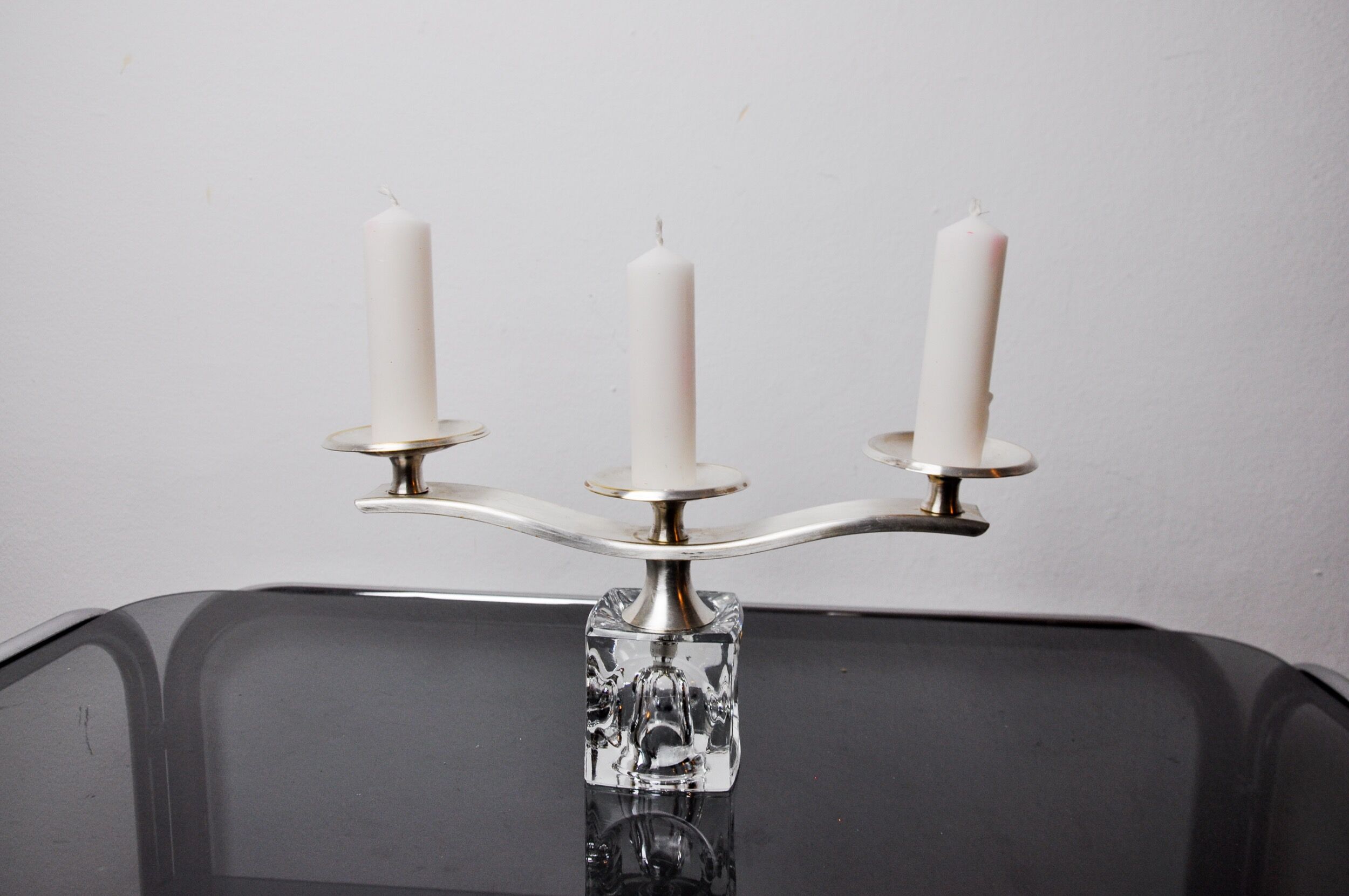 Ice cube candle holder by Peill & Putzler, 3 flames, glass and silver-plated metal, Germany, 1970