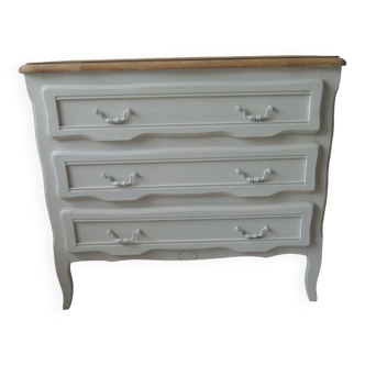 Commode vintage patiné gris perle, 3 tiroirs, plateau bois