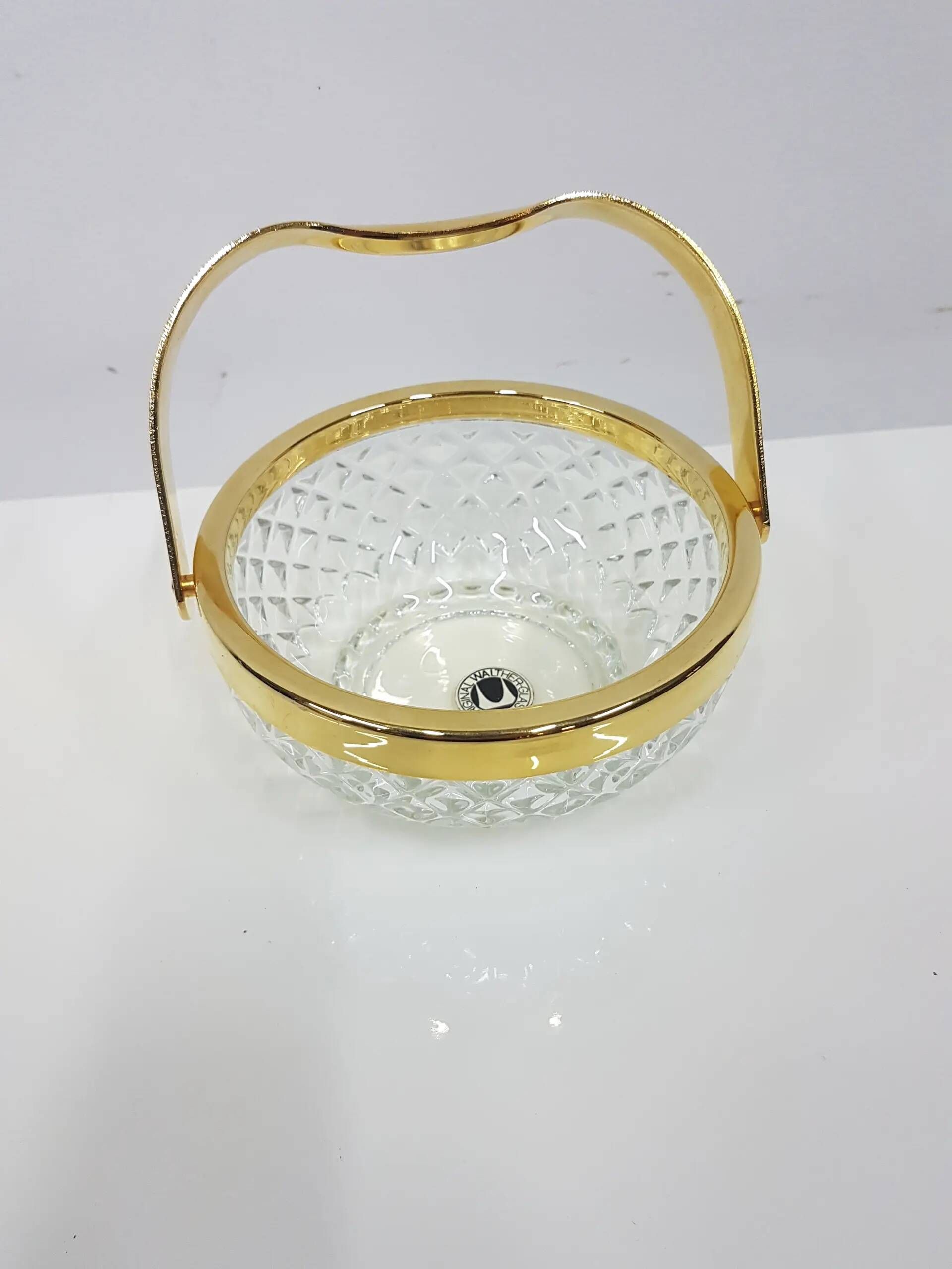 Transparent crystal basket with a gold-plated metal handle, Walther Glas, G