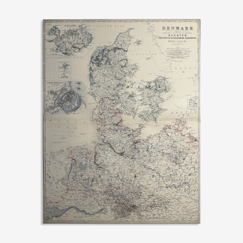 Carte du Danemark et de l’Islande c1869 Keith Johnston Royal Atlas, colorée à la main