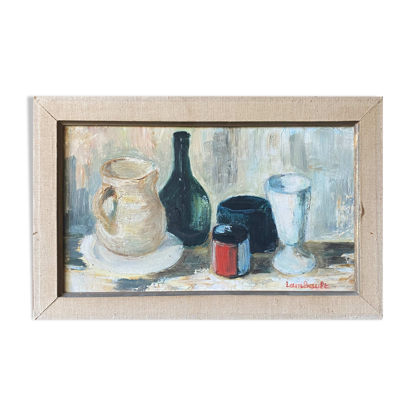 Painting HST "Still life with the bottle" signed M. Lambault (1891-1983)