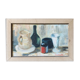 Painting HST "Still life with the bottle" signed M. Lambault (1891-1983)