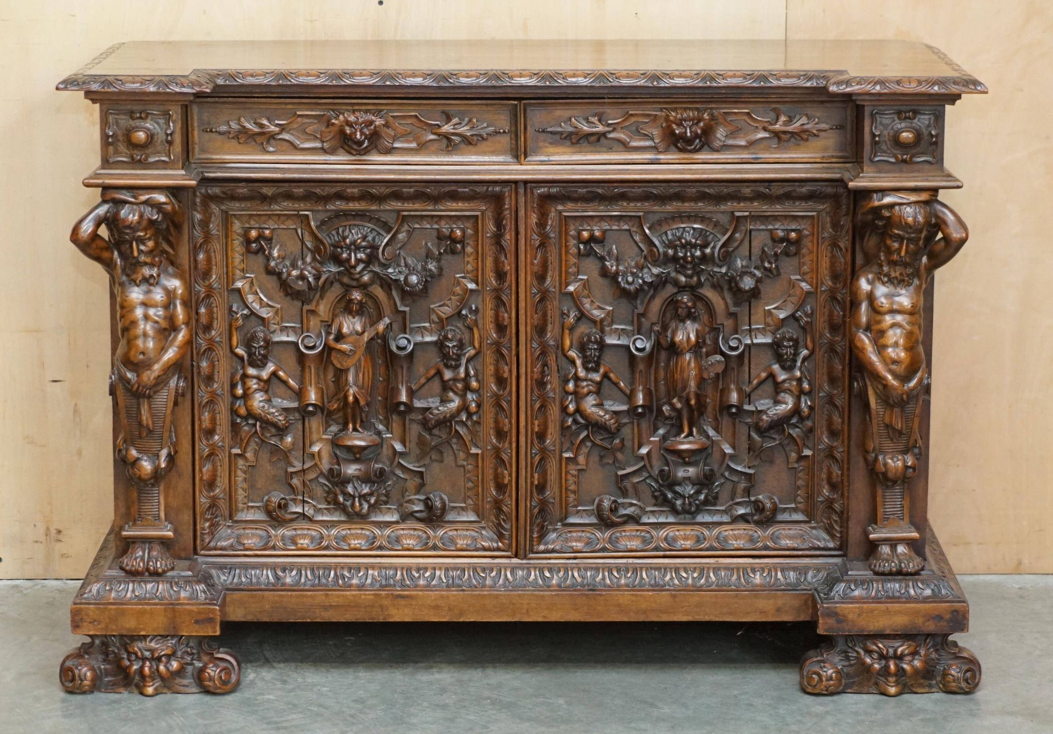 French walnut buffet sideboard, decorated, circa 1850.