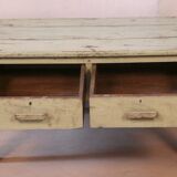 Antique Burmese teak bedside table with original green ecru patina