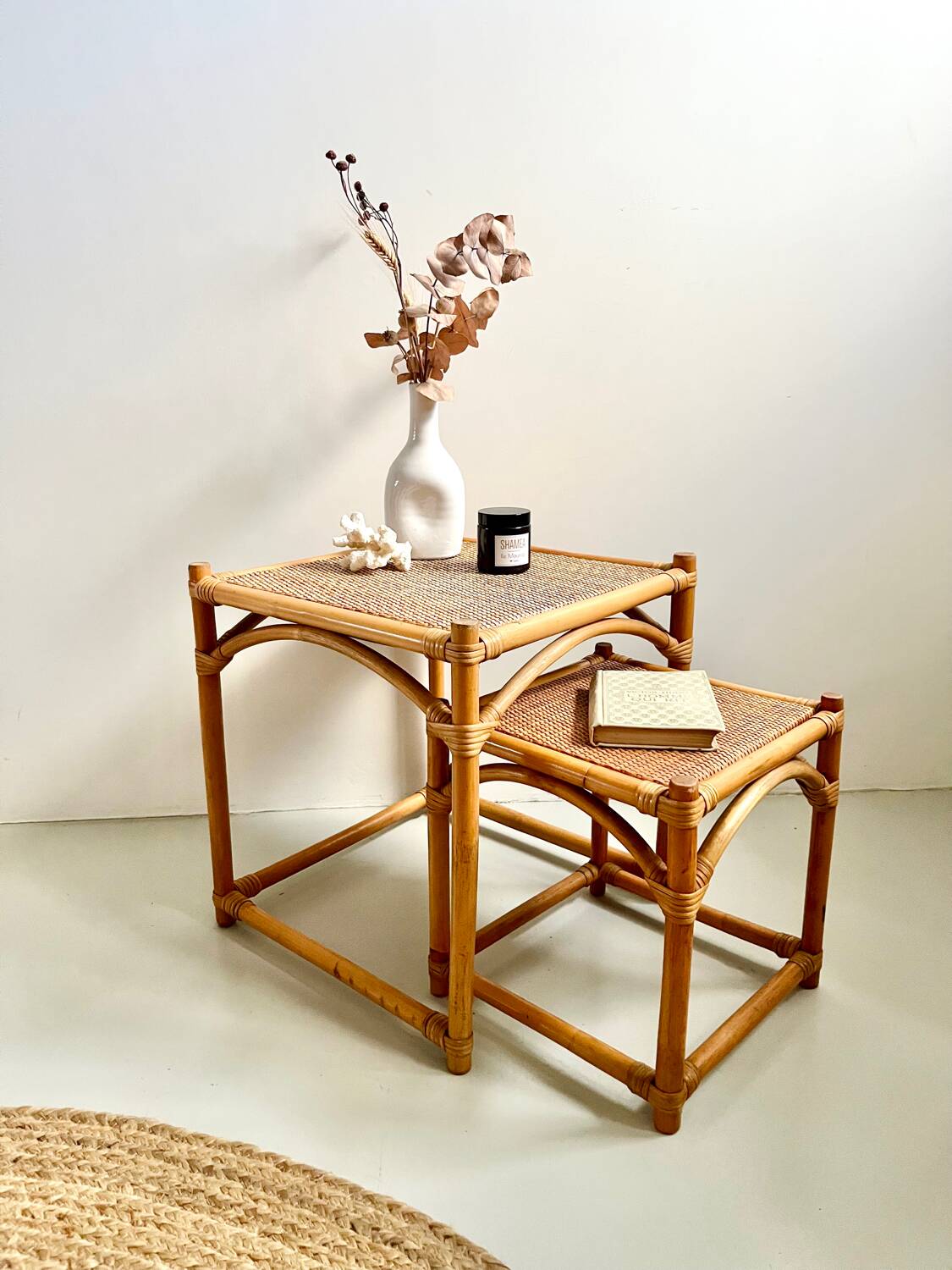 Tables gigognes bambou rotin osier - 1950/60