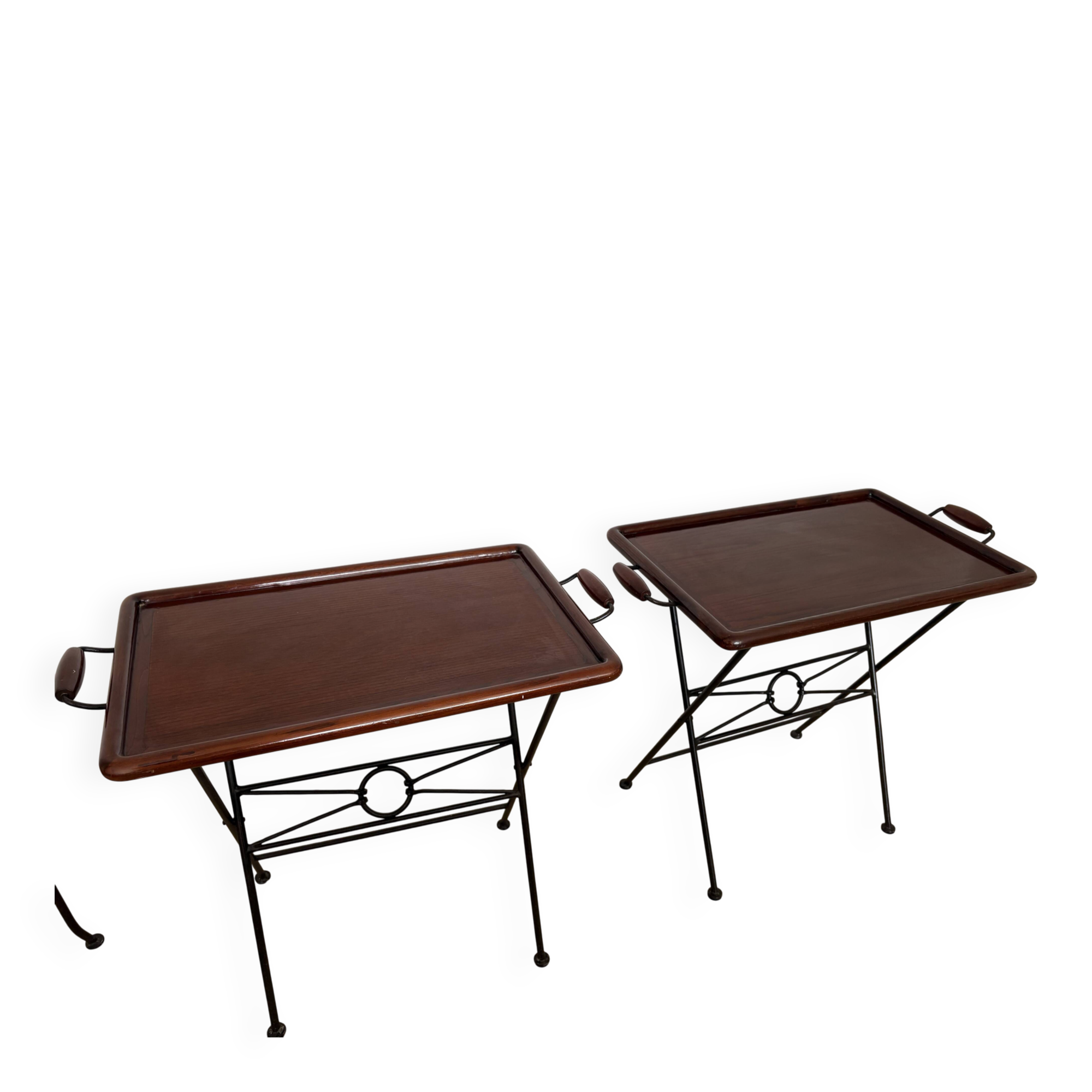 Pair of folding serving tables Grange in wood and wrought iron