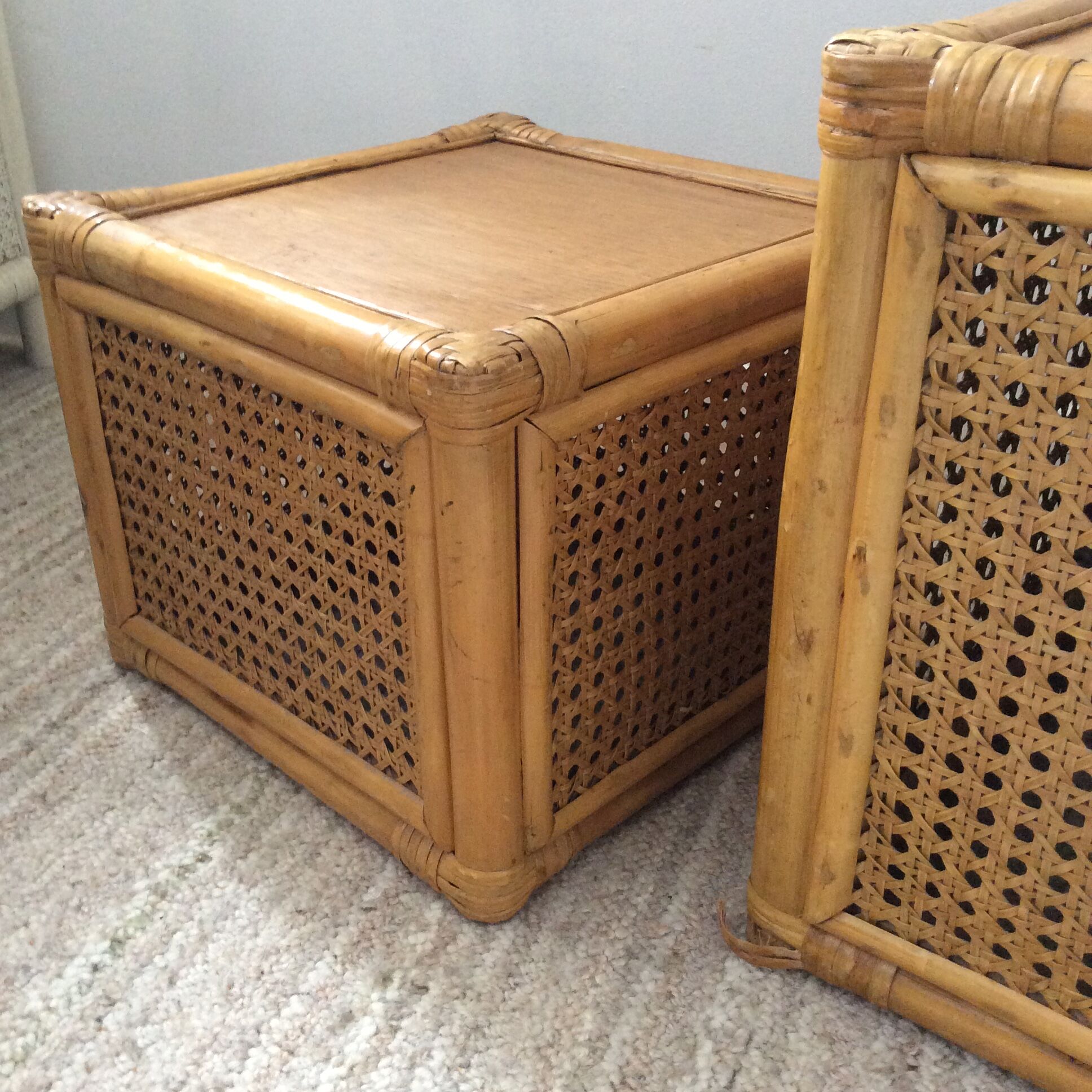 Trio of vintage tables in canning and rattan