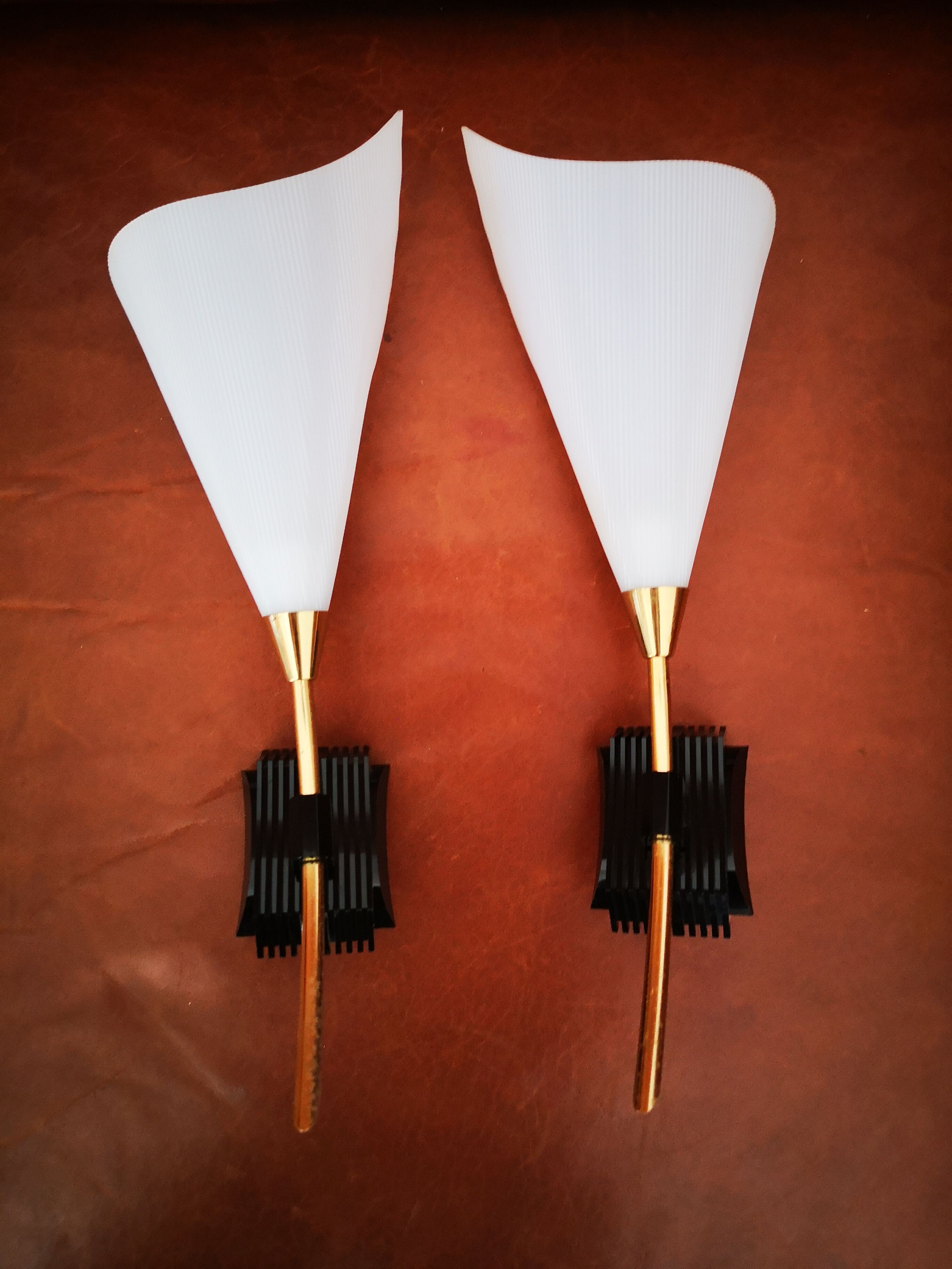 Pair of vintage 50s brass and fluted plexiglass sconces