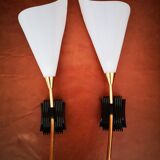Pair of vintage 50s brass and fluted plexiglass sconces