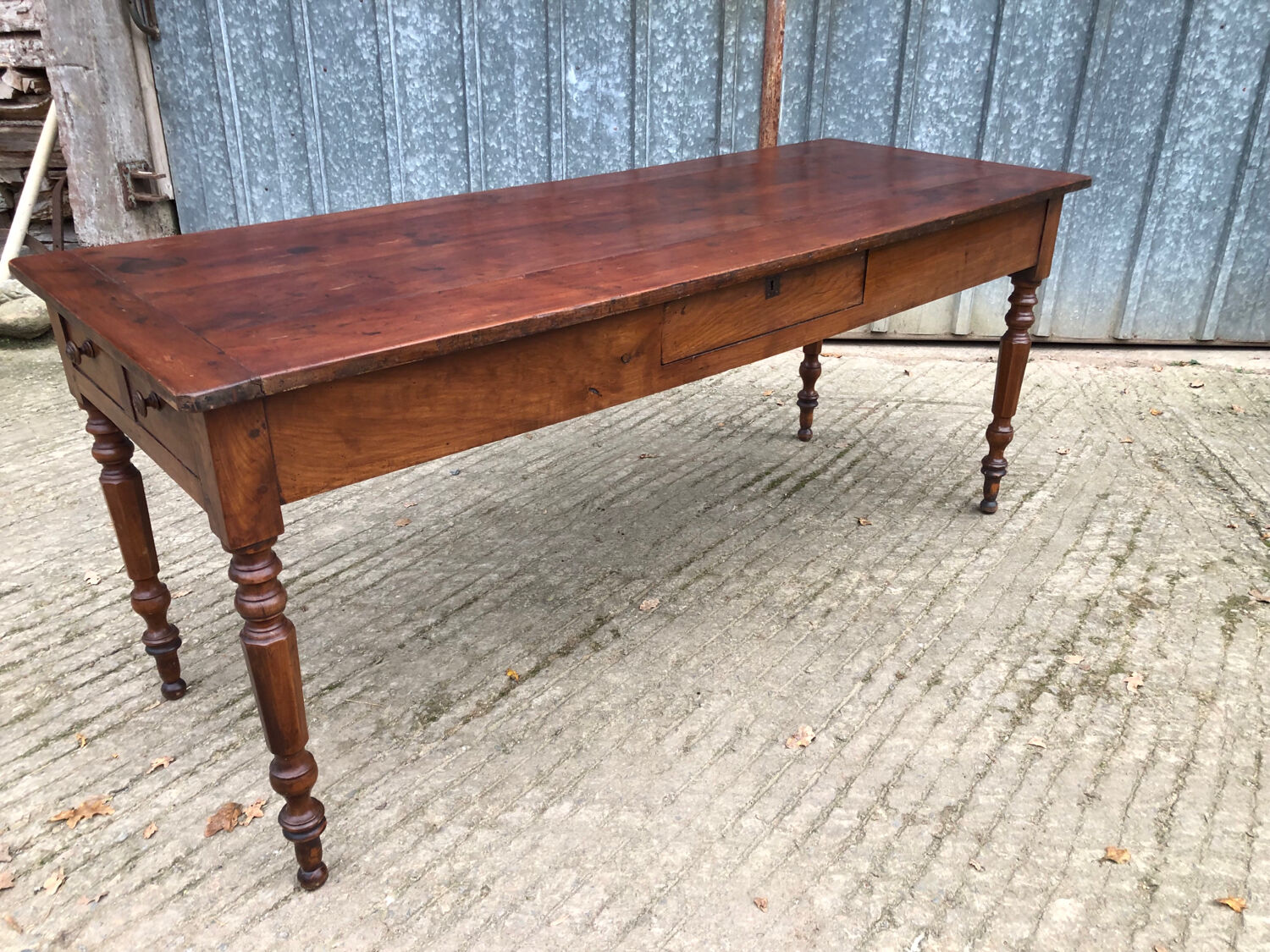 Antique farmhouse table in solid cherry wood with 4 drawers