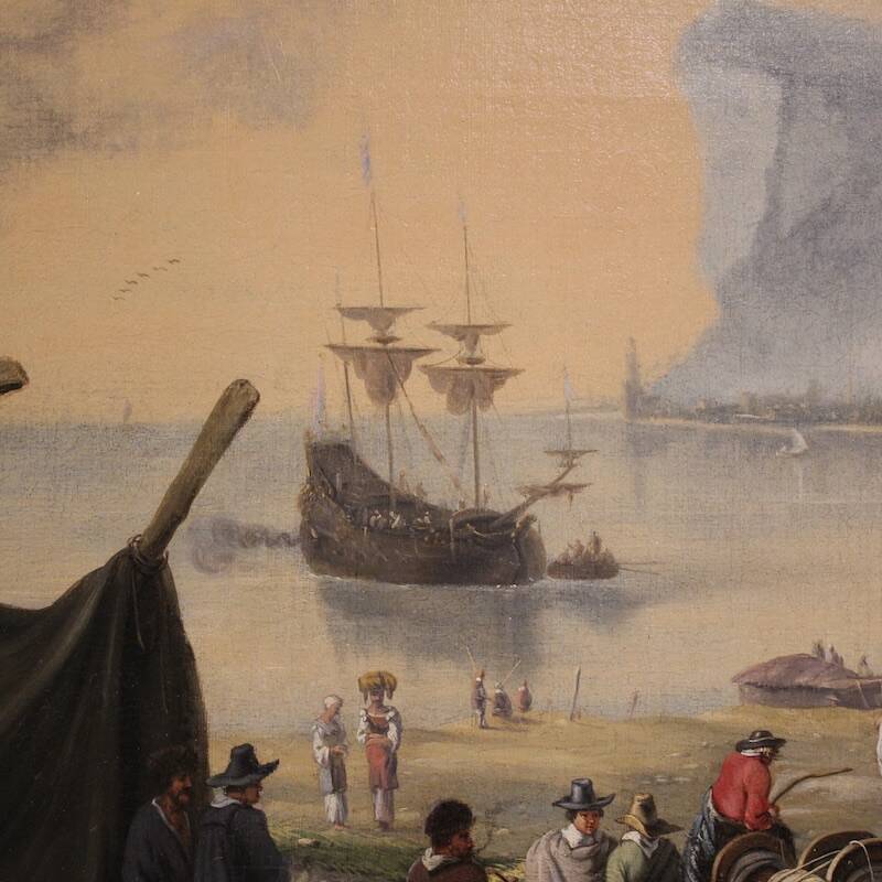 17th century Flemish painting, large landscape with sailing ships