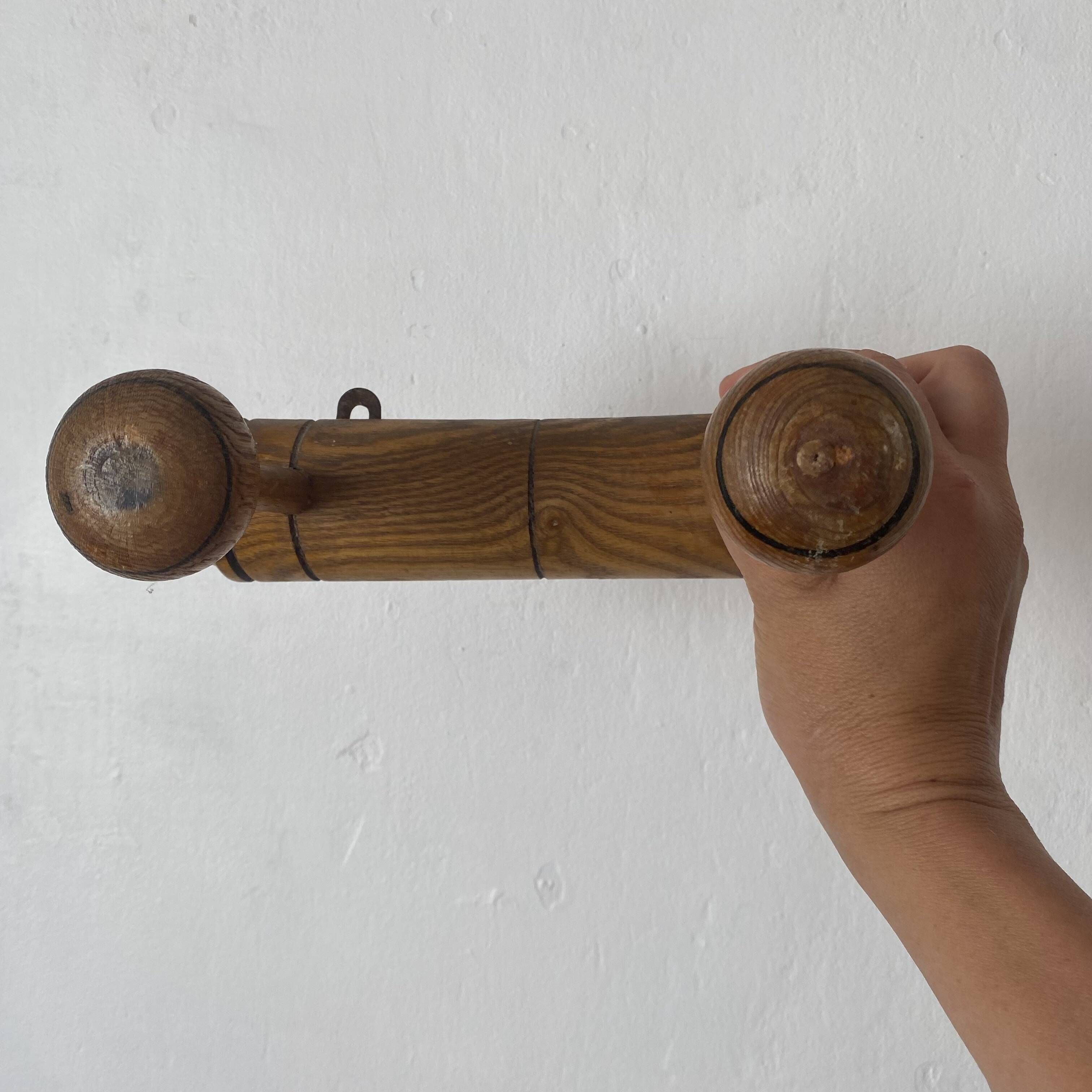 Antique turned wood wall coat rack with 2 hooks