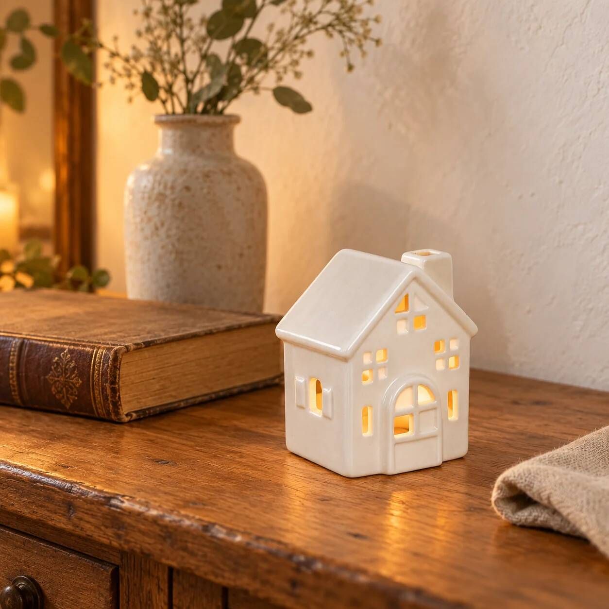 White perforated ceramic house lantern – Light decoration