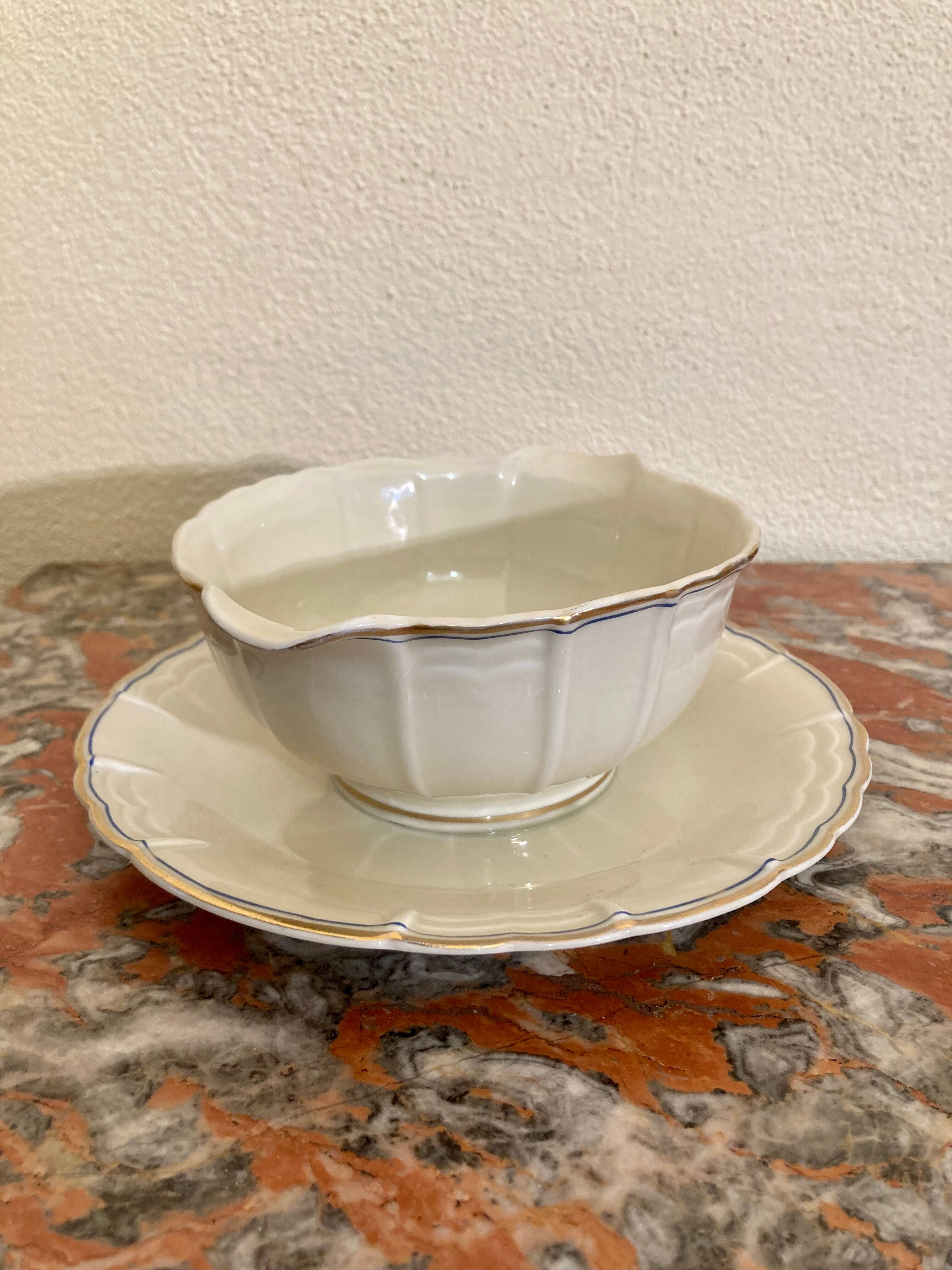 Limoges sauce boat A. Lanternier 1911 gold and blue edging