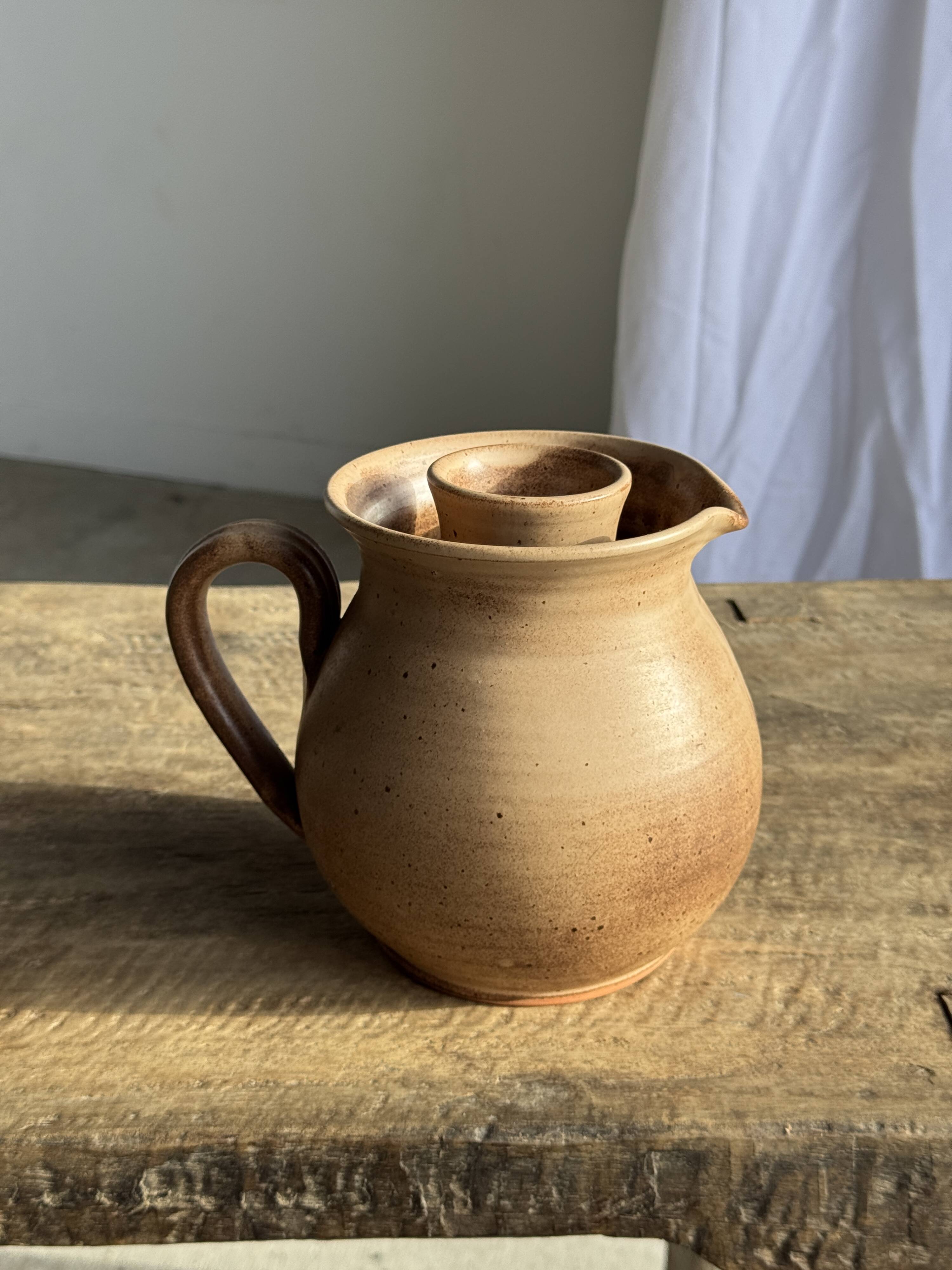 Vintage brutalist stoneware pink wine cooler pitcher H19