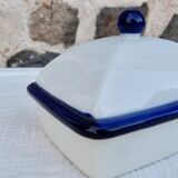 White and blue ceramic butter dish