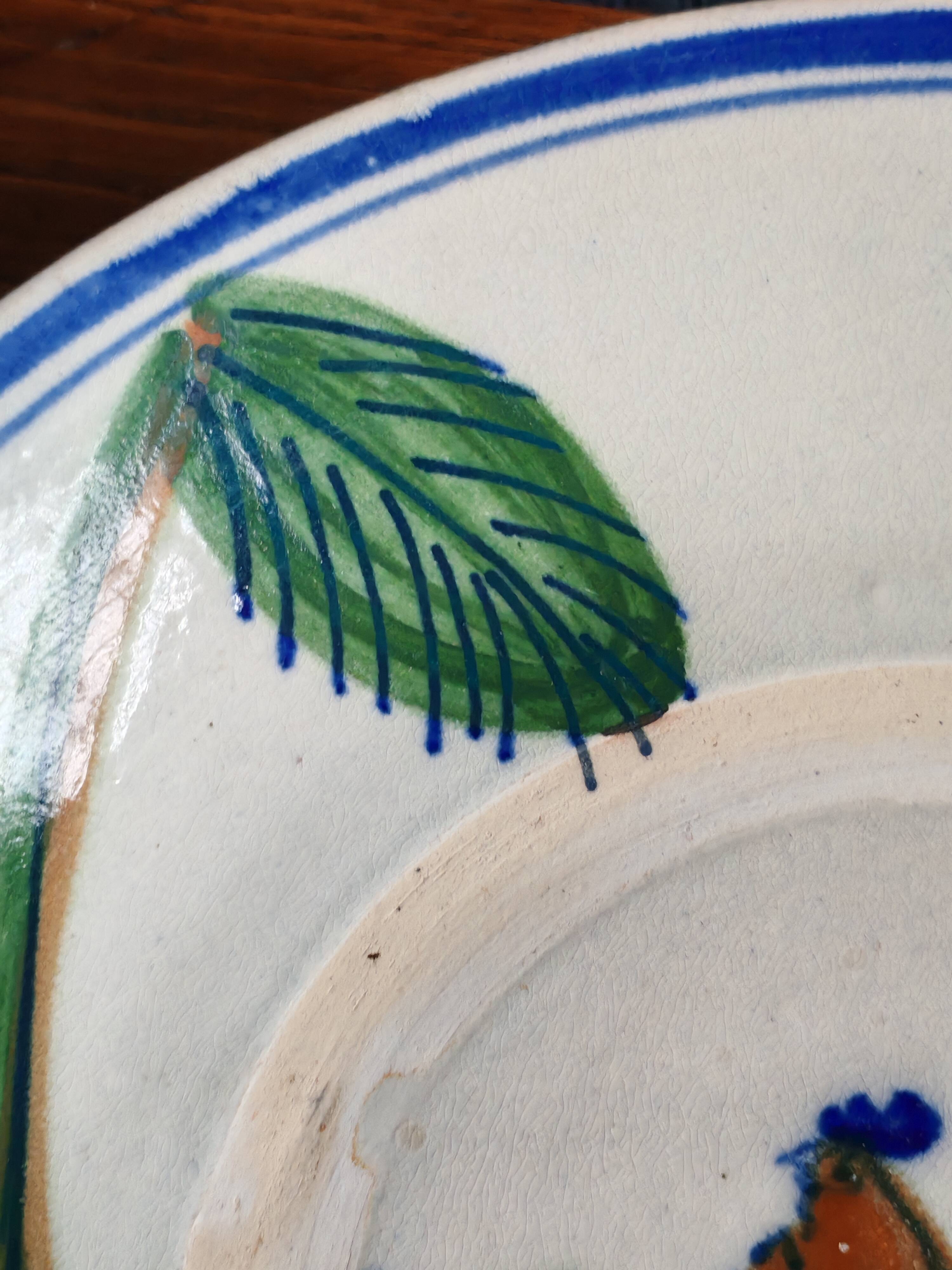 Large Vintage Hand-Painted Plate "Rooster and Foliage"