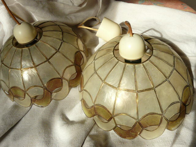 Pair of mother-of-pearl and brass lampshades