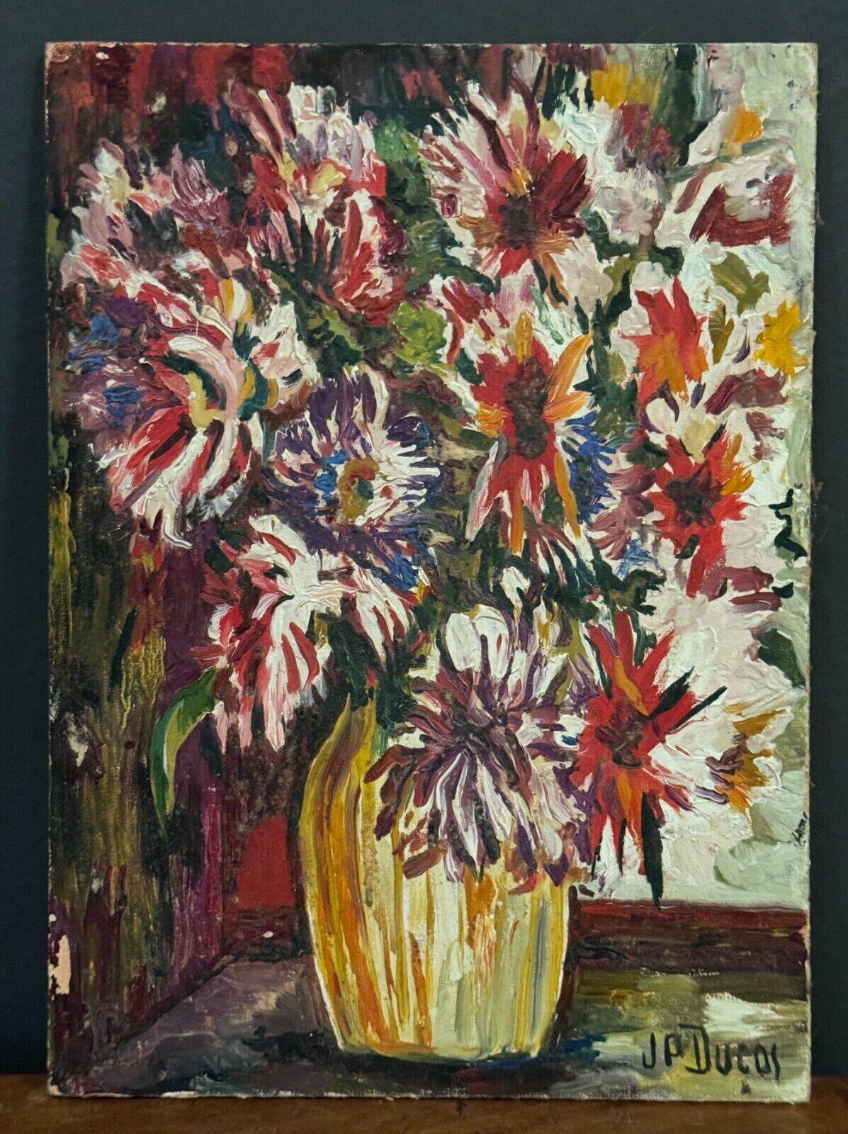 Oil on cardboard by J.-P. Ducos still life 1960 bouquet of flowers