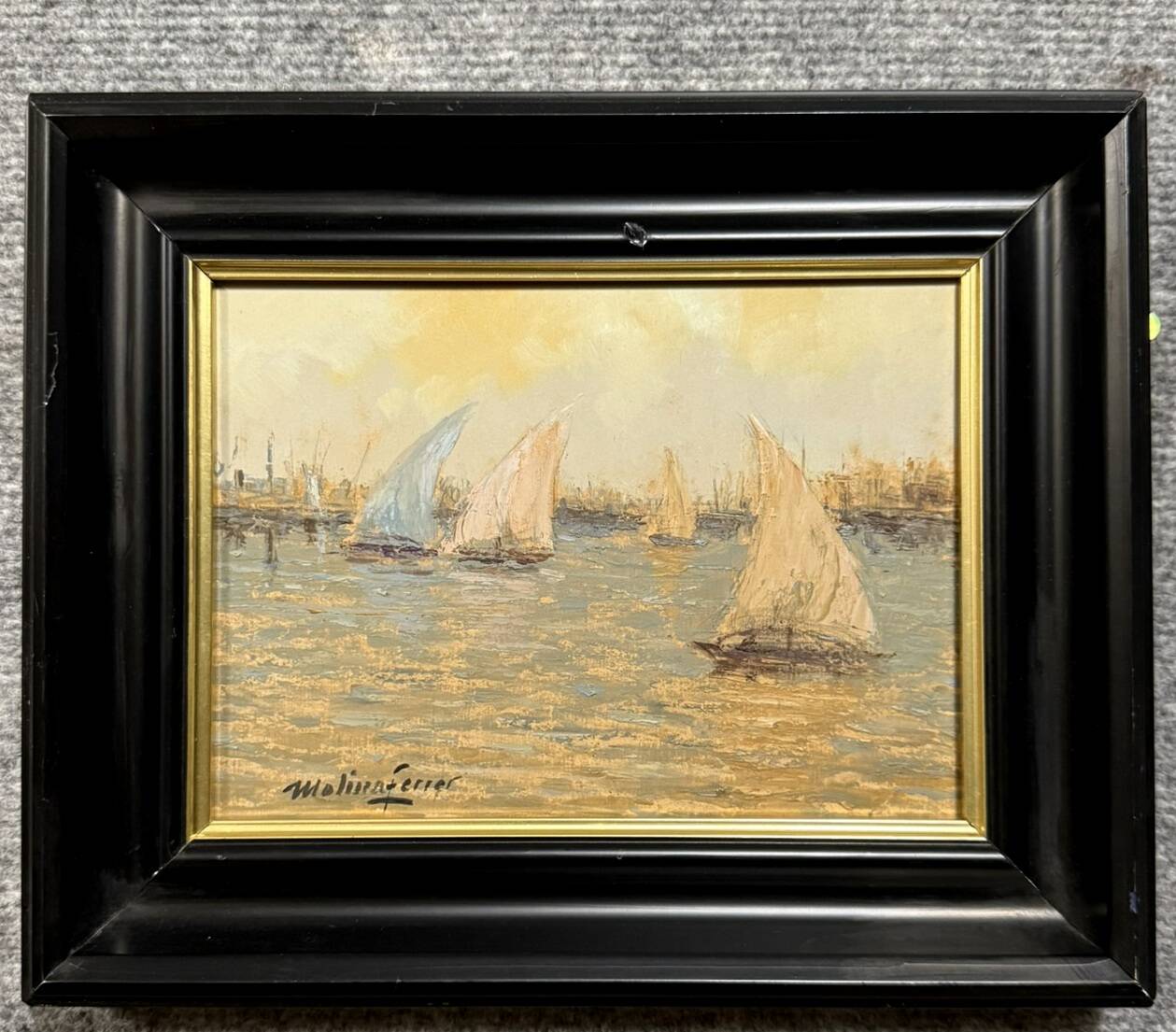 Molina Ferrer: oil painting on panel depicting a seascape with sailing boats