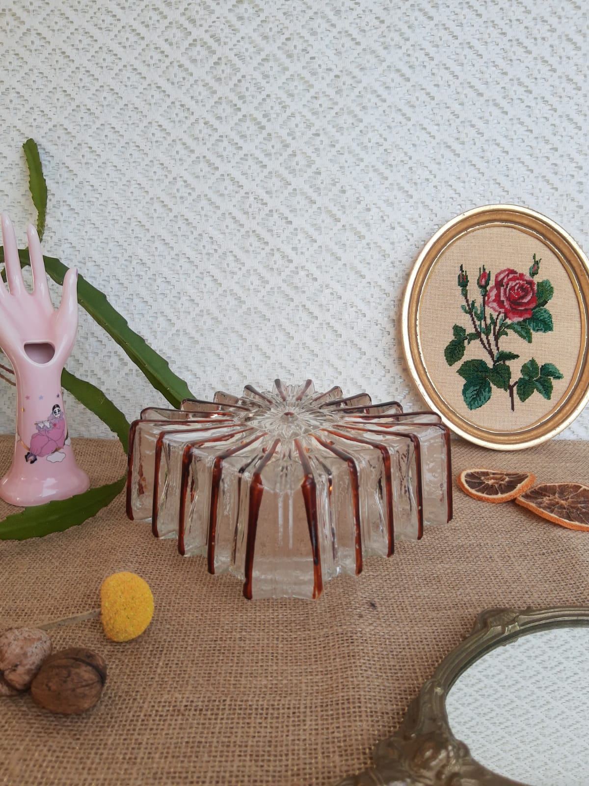 Ceiling lamp / wall lamp in molded glass two-tone square 70s