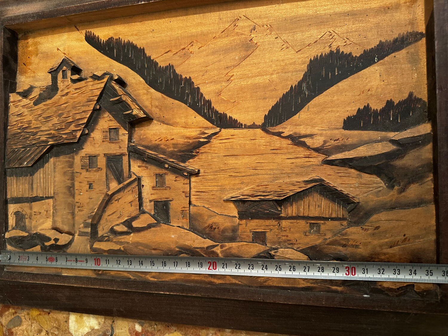 Tableau Alpin vintage années 50 - Sculpté et Pyrogravé - Ambiance Chal