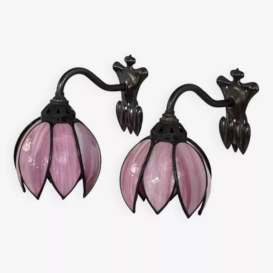 Pair of Tiffany style iron and glass leg wall lights