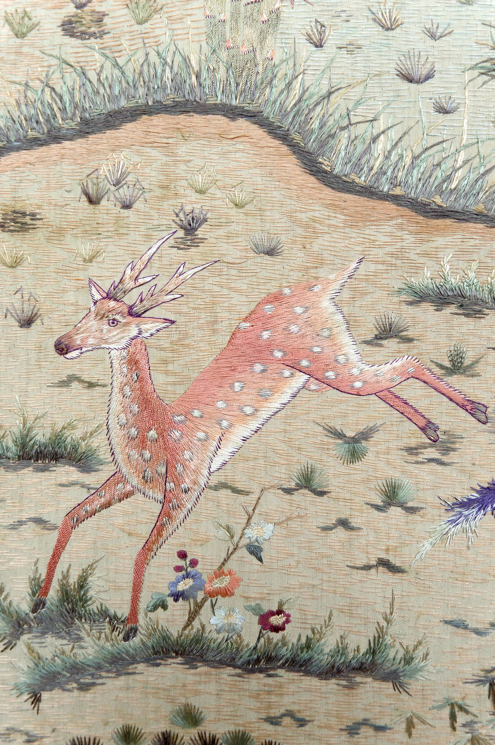 Important Set of Three Indochinese Silk Embroidered Tapestries