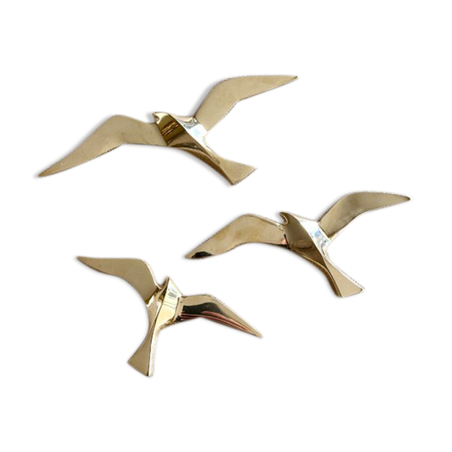 Series of 3 golden brass seagulls to hang