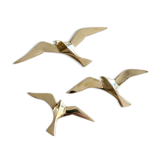 Series of 3 golden brass seagulls to hang