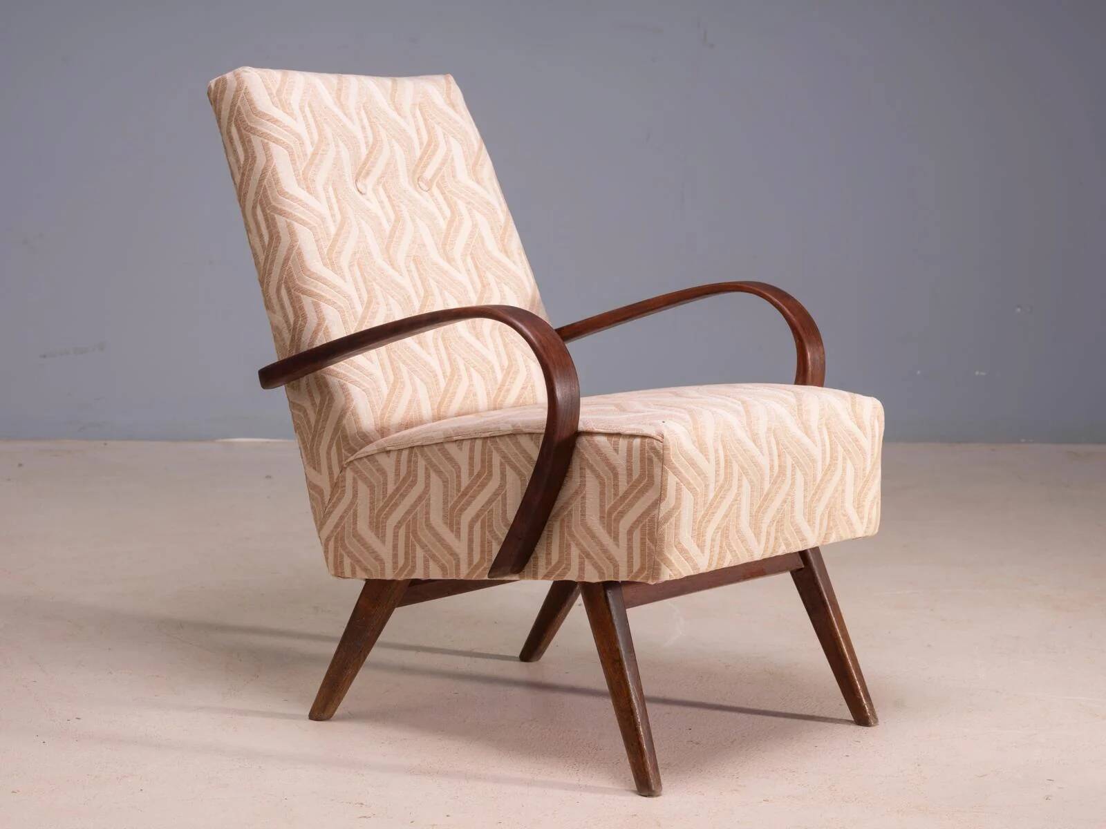 Restored bentwood armchairs by Jaroslav Šmídek, pair, Czechoslovakia, new beige patterned upholstery, 61 × 82 × 81 cm